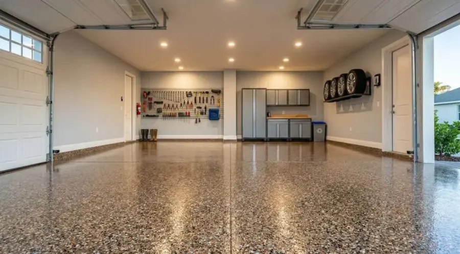 Decorative flake garage floor example, Galveston, TX