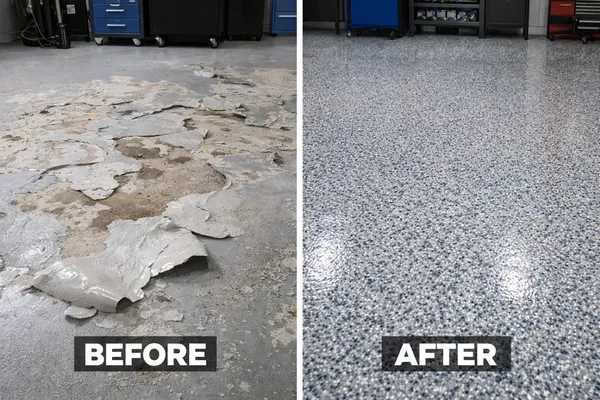 Before and after garage floor repair