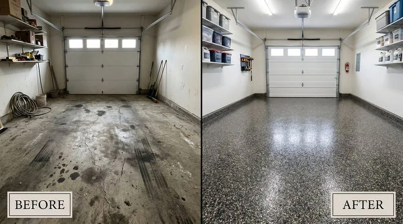 Worn garage slab before and after a flake floor, Pasadena, TX