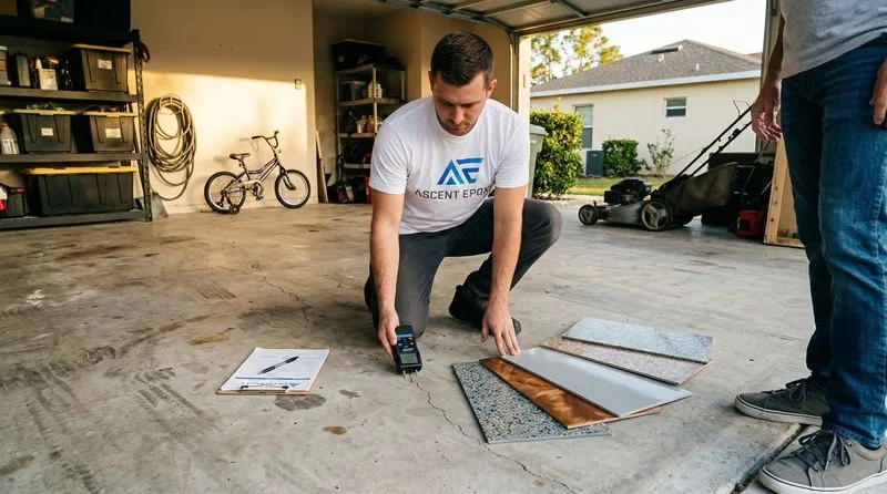 Flake color samples laid on a Houston garage slab