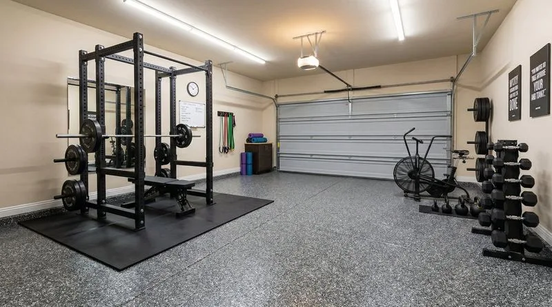 Flake floor in a garage gym, Humble, TX