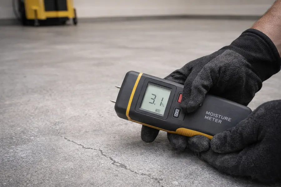 Moisture meter reading on a bare concrete slab